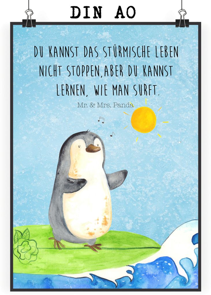 Mr. & Mrs. Panda Bild Pinguin Surfer DIN A0 - Eisblau - Geschenk, Urlaub, Optimistisch, kunstdruck poster, Hawaii, Pinguine, drucke, Plakat, typogr...