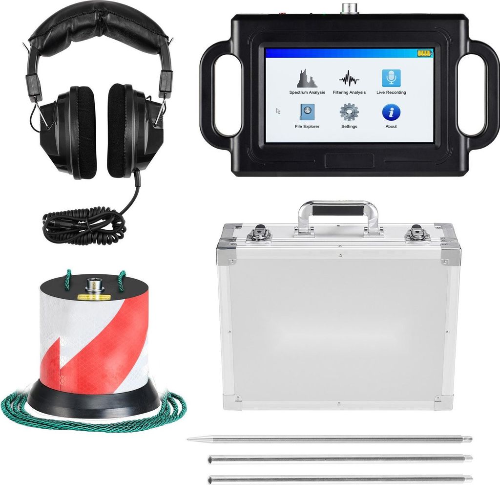 Wasserleckdetektor für Rohrleitungen - Lecksuchgerät - Frequenz 1–5000 Hz - Touchscreen 17,8 cm - Ortung bis 2 m Tiefe - Inkl. Sensor, 3 Abhör...