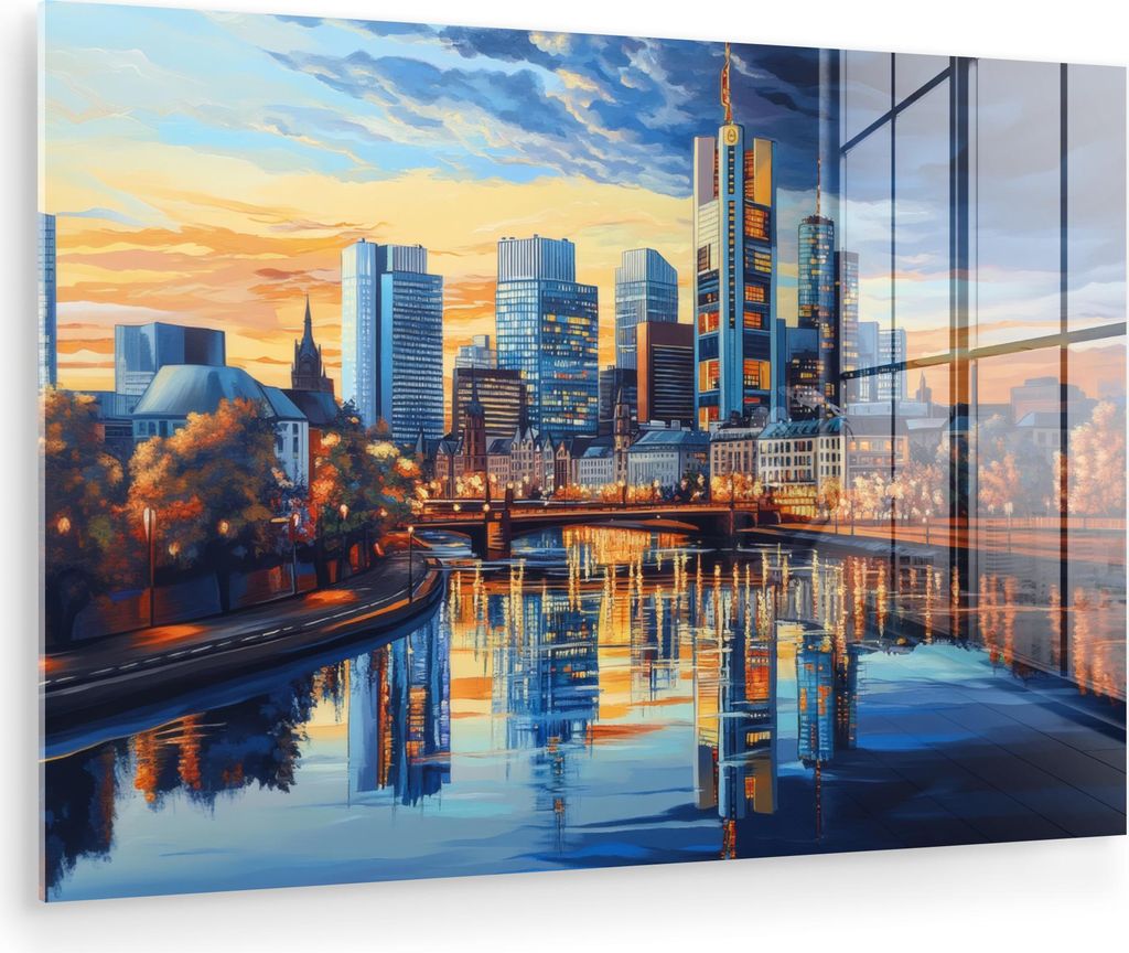 MuchoWow Glasbilder - Bilder auf Wandbild - Foto auf Glas Sonnenuntergang Frankfurt - Stadt - Skyline - Wasser 90x60 cm Wanddekoration aus Glas - A...