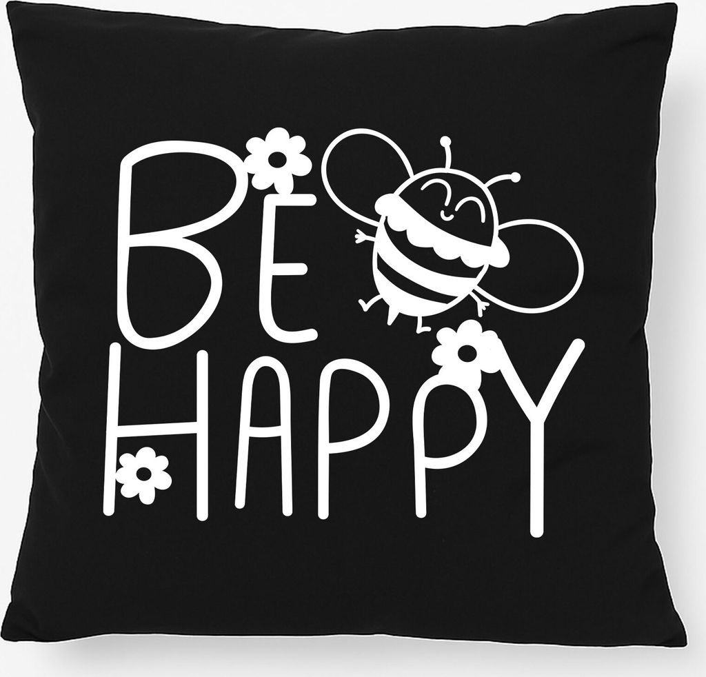 Huuraa Kissen Be Happy Biene 40x40cm mit Füllung Black Baumwolle Dekokissen Geschenkidee