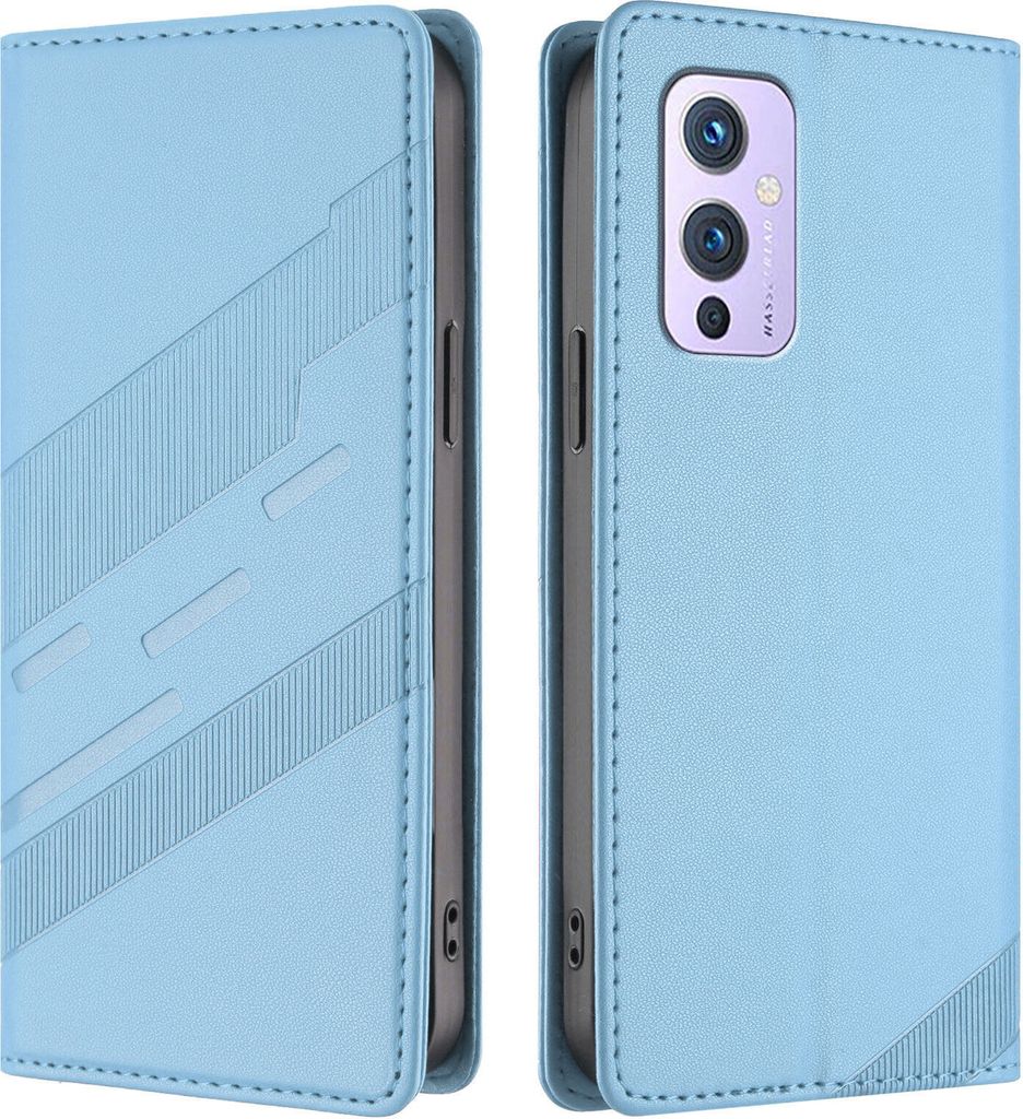 Hülle für OnePlus 9, Kunstleder Brieftaschen Handyhülle mit Kartenfach und Standfunktion Hellblau