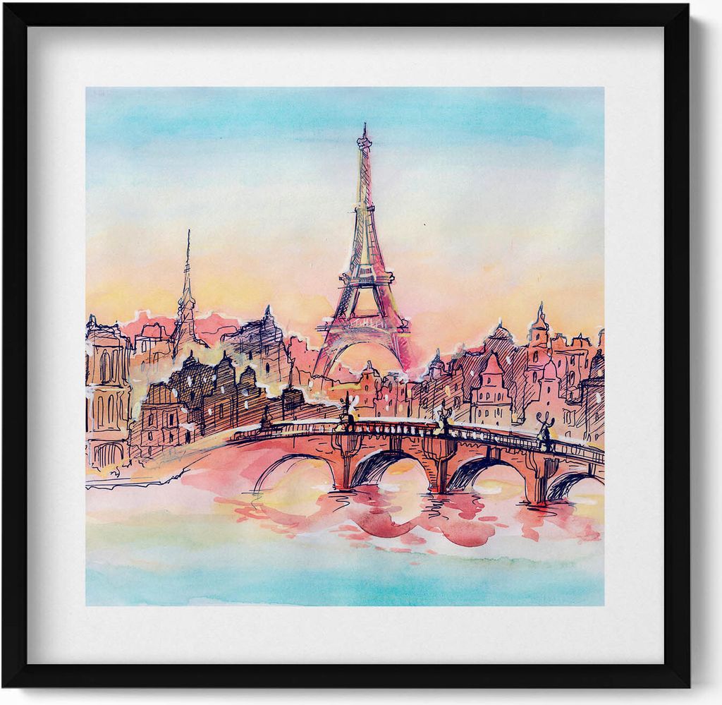 Gemalte Ansicht von Paris– Wandbild mit Rahmen – Gerahmtes Bild – Wanddekoration – 50x50 cm – Schwarz Rahmen