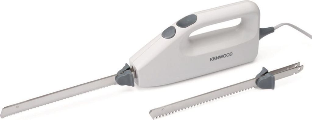 A white electric knife with two blades on a white background.