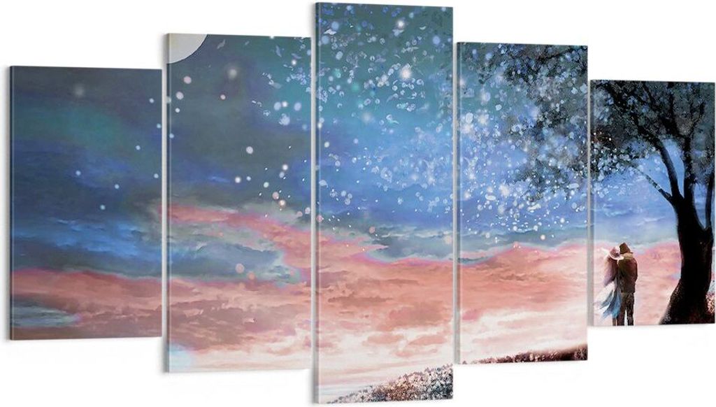 Bild auf Leinwand - Leinwandbild - 5 Teile - Himmel Mond Liebhaber - 160x85cm - Wand Bild - Wanddeko - Wandbilder - Leinwanddruck - Bilder - Wandde...