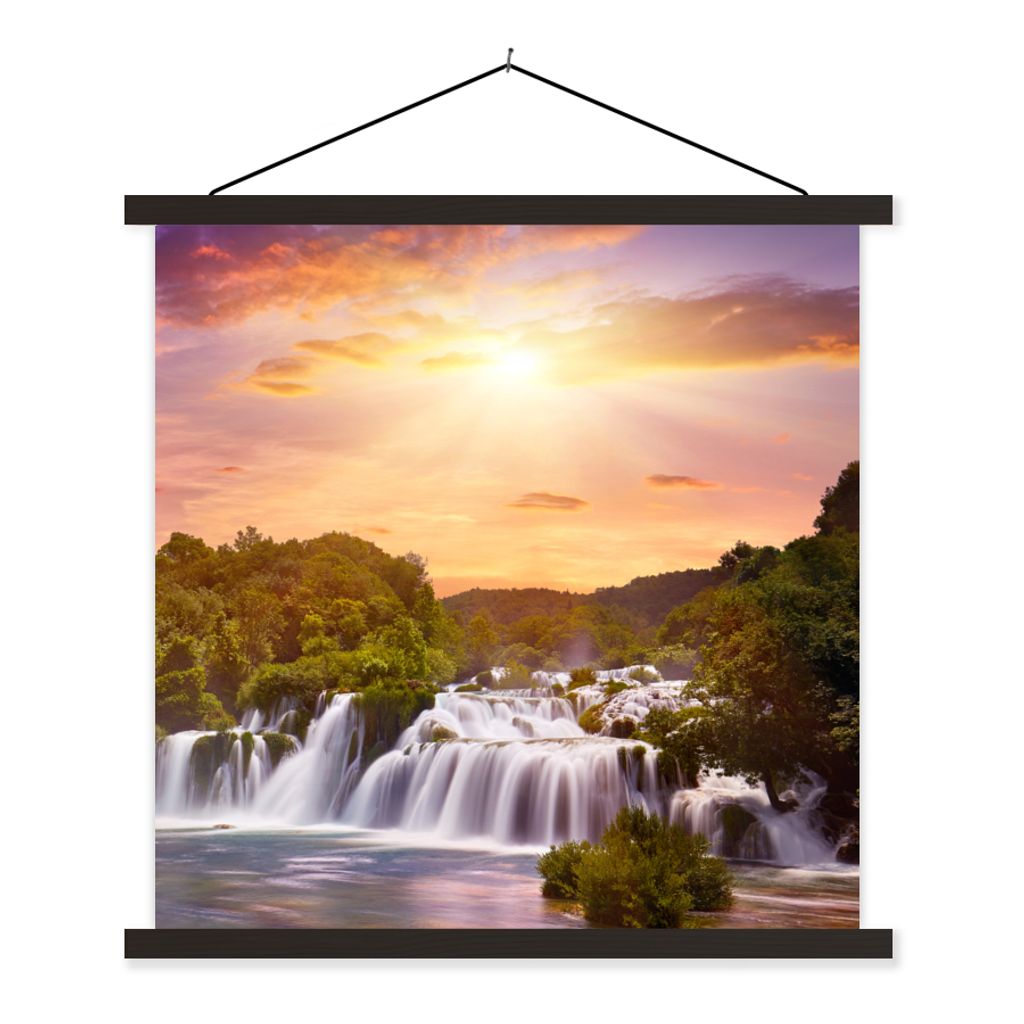 MuchoWow Textilposter Wasserfall - Landschaft - Sonne - Wolken - Sonnenuntergang 60x60 cm mit schwarzem Rahmen - Posteraufhänger