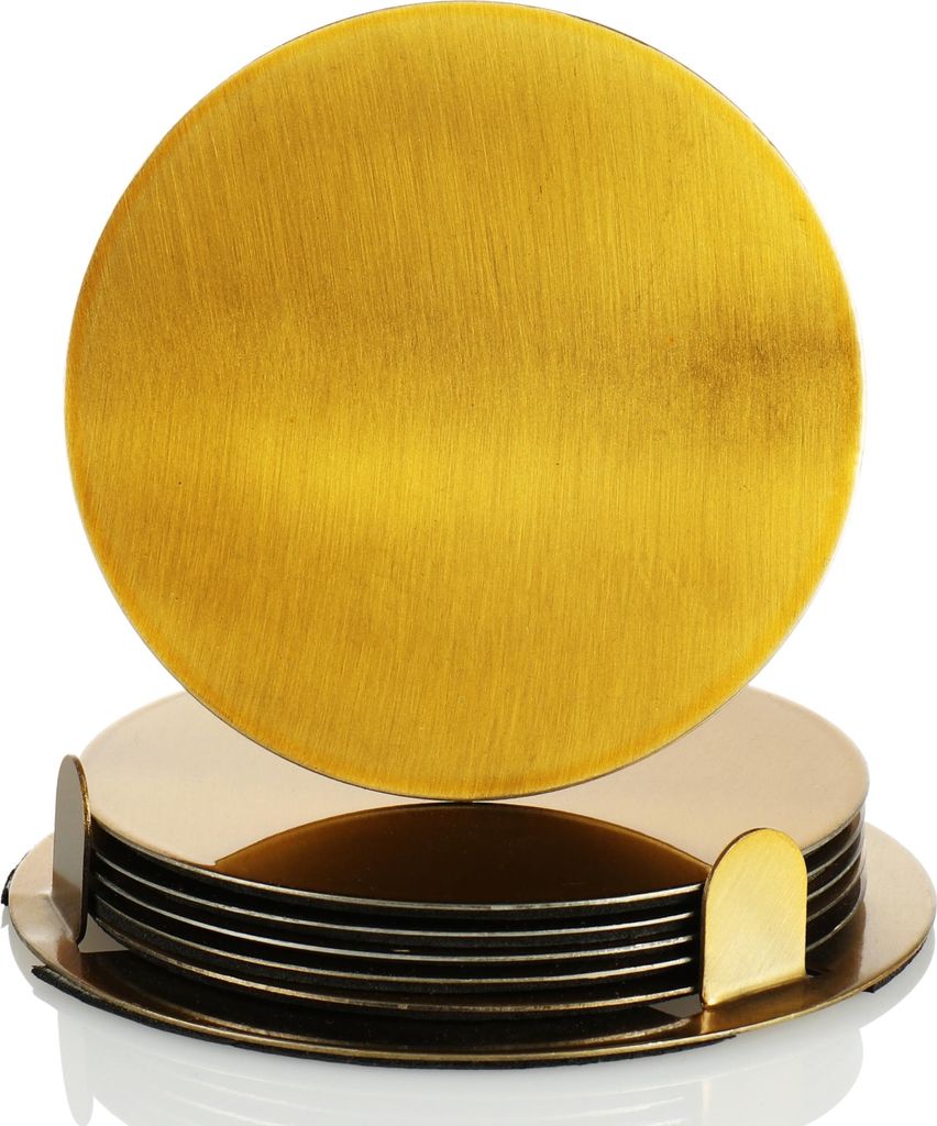 com-four 7-teiliges Untersetzer-Set mit Halterung - Edelstahl Untersetzer für Getränke - runde Stahluntersetzer - goldfarben