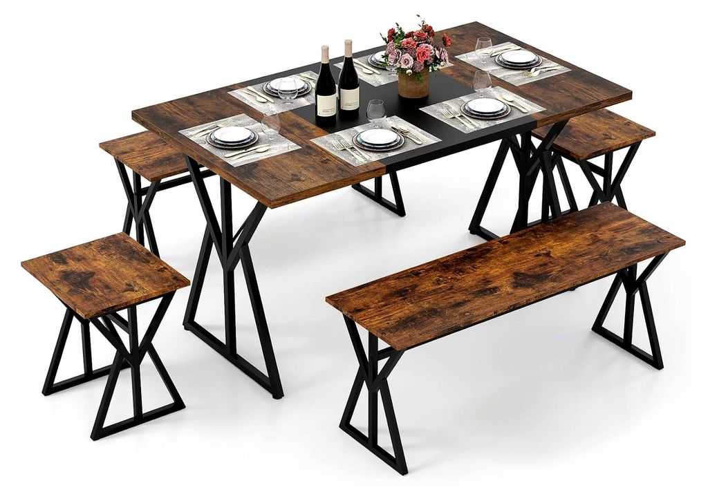 Esstisch mit 2 Bänken und 2 Hockern, Essgruppe 5-teilig, Küchentisch mit Stühlen, Esszimmertisch 139 x 80 cm für 4-6 Personen, Esszimmergruppe ...