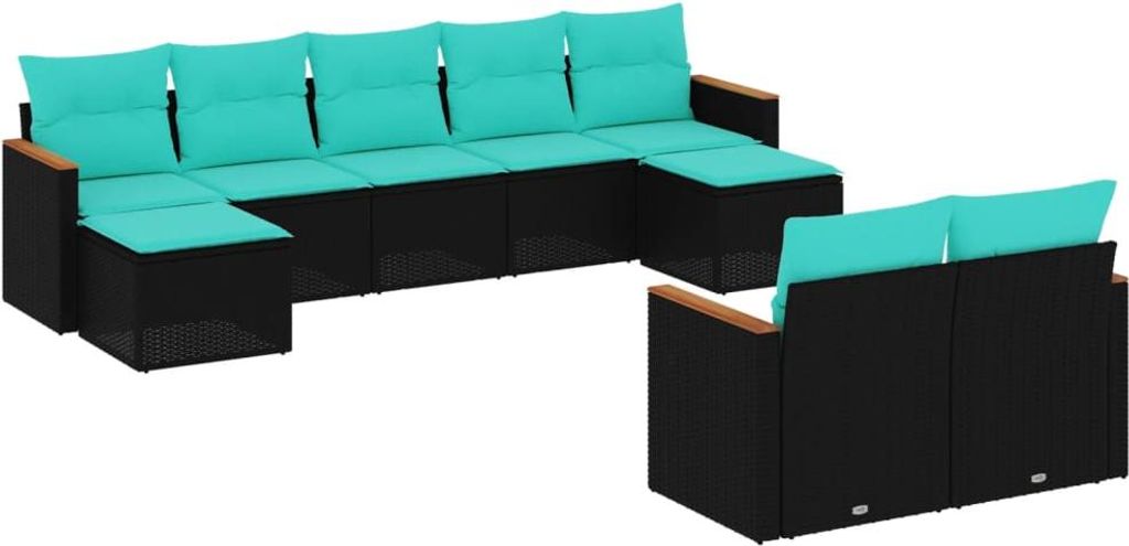 9-teiliges Gartensofa-Set mit Kissen, schwarzes Polyrattan