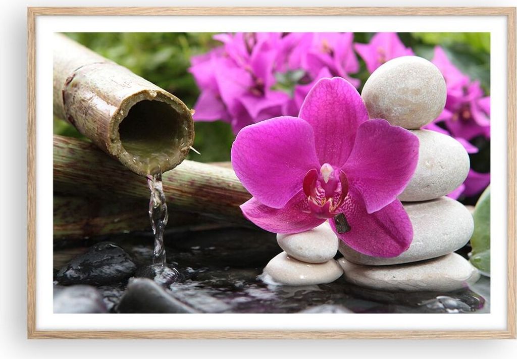 Gerahmtes Poster - Rahmen in heller Eiche - Orchidee Bambus Dekoration Spa - 91,5x61 cm - Wand Bild - Wanddeko - Wandbilder - Wandposter - Bilderra...