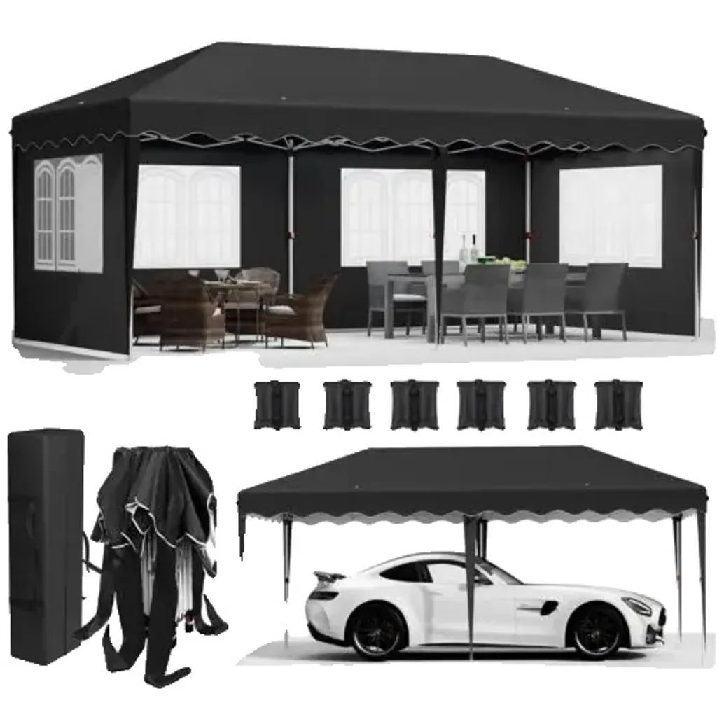 Tonnelle pliante étanche 3x3m contre la pluie en Oxford 420D Noir stable