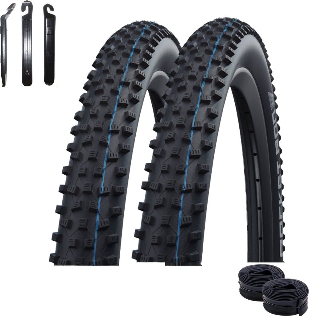 2 x Faltreifen Schwalbe Rocket Ron Evolution Super Ground 27" Schwarz 57-584 (27 x 2.25) + 2 x Schwalbe Schläuche AV19 inkl. Reifenheber