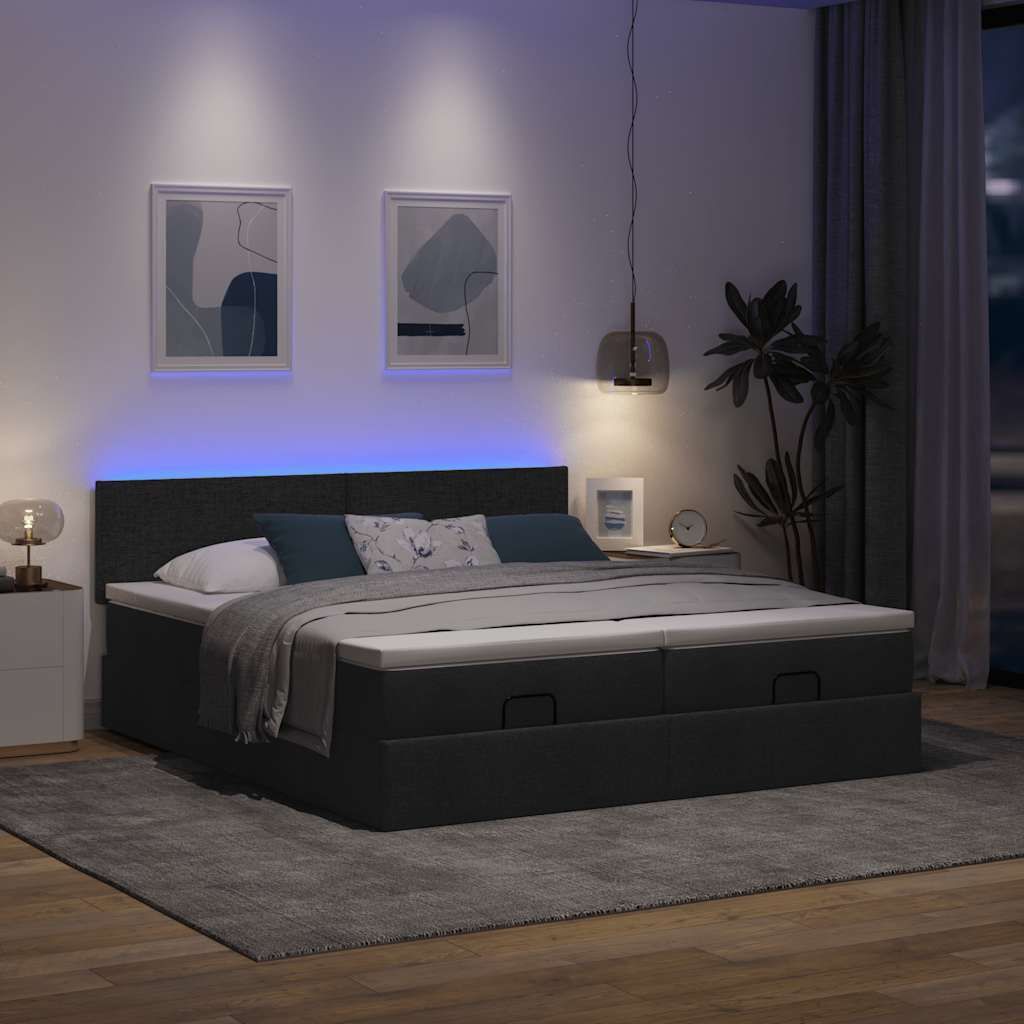 "Rabatt" Ottoman-Bett mit Großer Stauraum, mit Matratze, & LEDs, Schwarz 200x200 cm Stoff - Klassische Betten CC11324