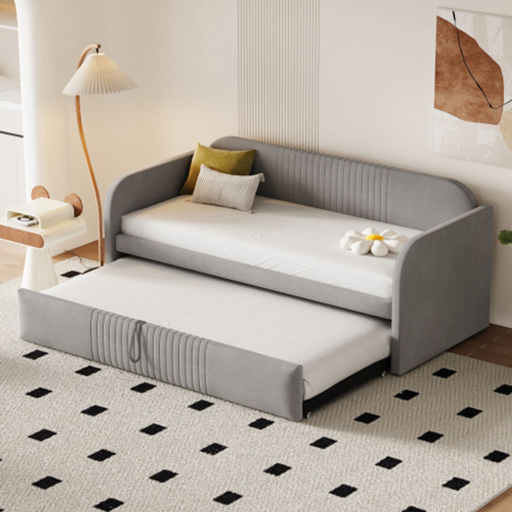 UnboxG Polsterbett Schlafsofa 90/180x190 cm mit vertikalen Streifen, mit Lattenrost, Multifunktionsbett, Doppelbett Holzbett Jugendbett, Hellgrau L...