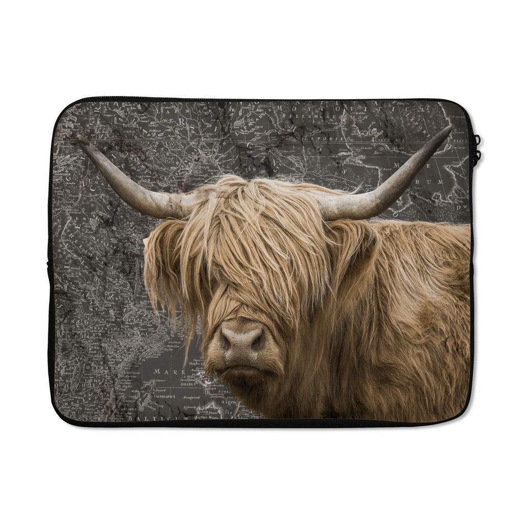 MuchoWow Laptop Hülle 17 Zoll Laptoptasche Weltkarte - Tiere - Schottischer Highlander - Zipper - Schutzabdeckung
