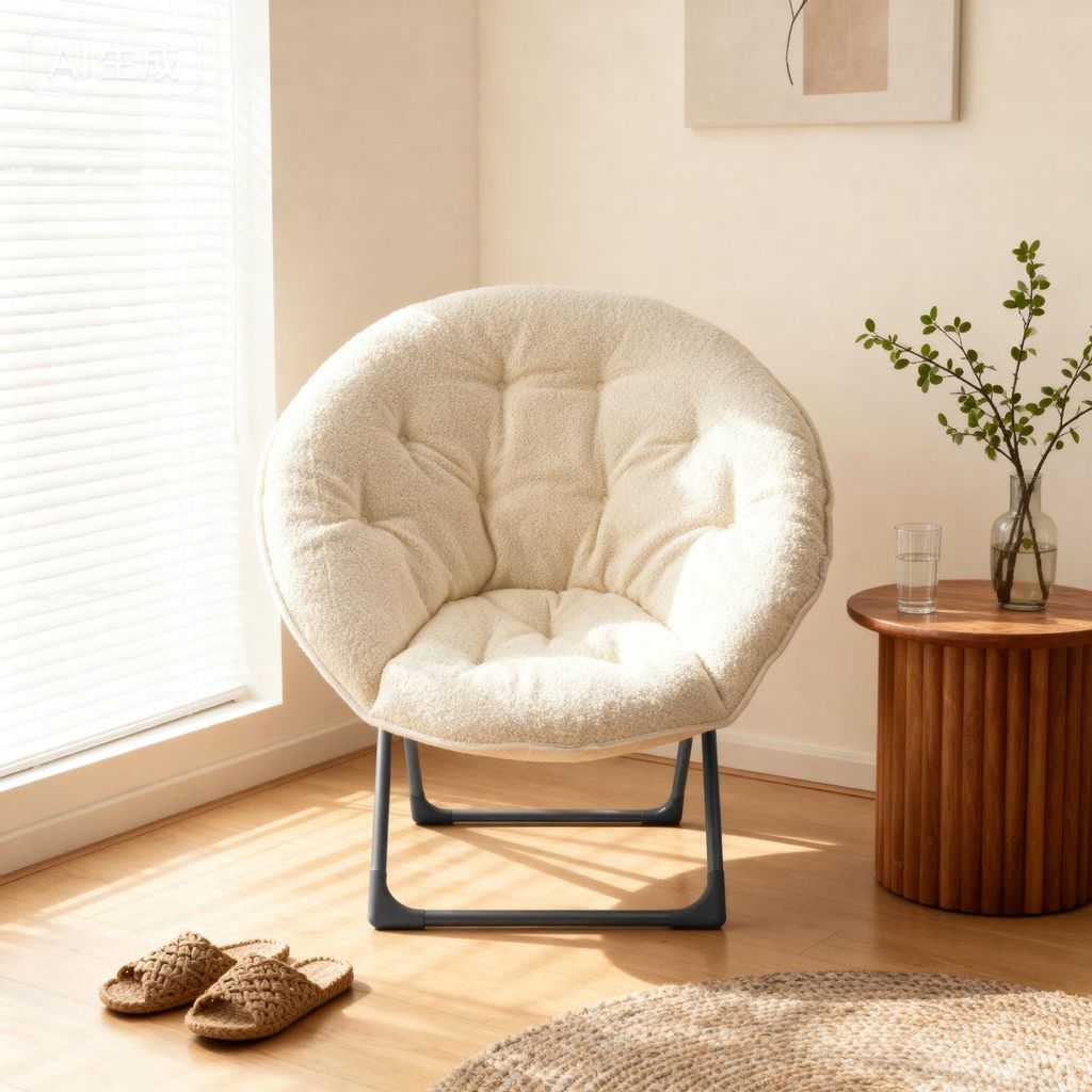 Klappbarer Moon Chair Schafwolle-Bezug, XXL, Traglast 110 kg, Platzsparend, Beige
