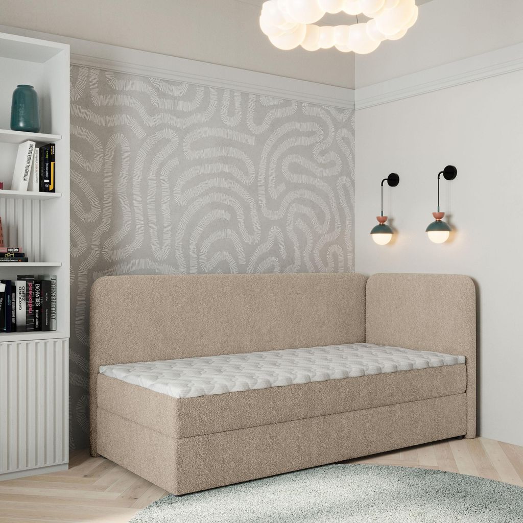 Masseno Boxspringbett GINA 90x200 cm Komplett-Set mit Bonell Matratze und Topper, Polsterbett mit Bettkästen -Beige, QUELLE 05