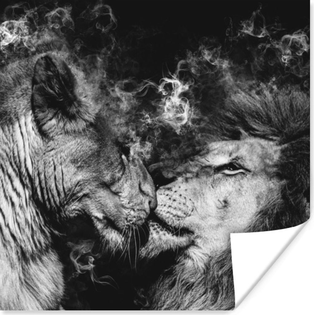 MuchoWow Poster Löwe - Rauch - Liebe - Schwarz - Weiß 75x75 cm - Wand Dekoration