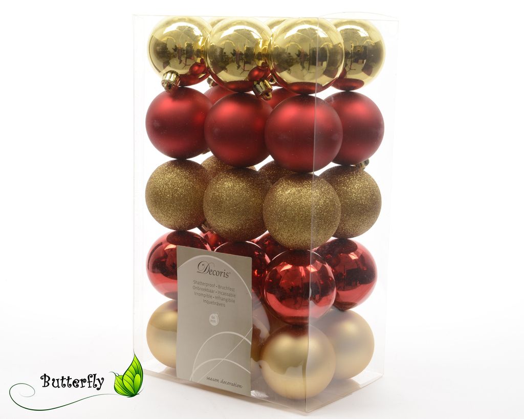 Weihnachtskugeln Mix Kunststoff 6cm, 30er Set, Farbe:rot / silber / weiß