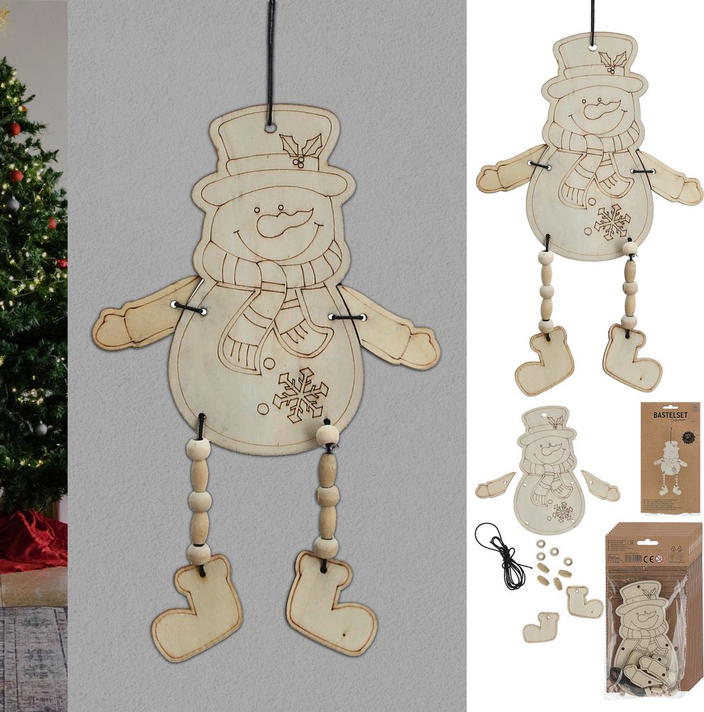 DIY 3D Bastelset Schneemann 12er Set inkl. 100cm Band 11x21x0,1cm MDF 3D-Schneemann beweglich zum Aufhängen