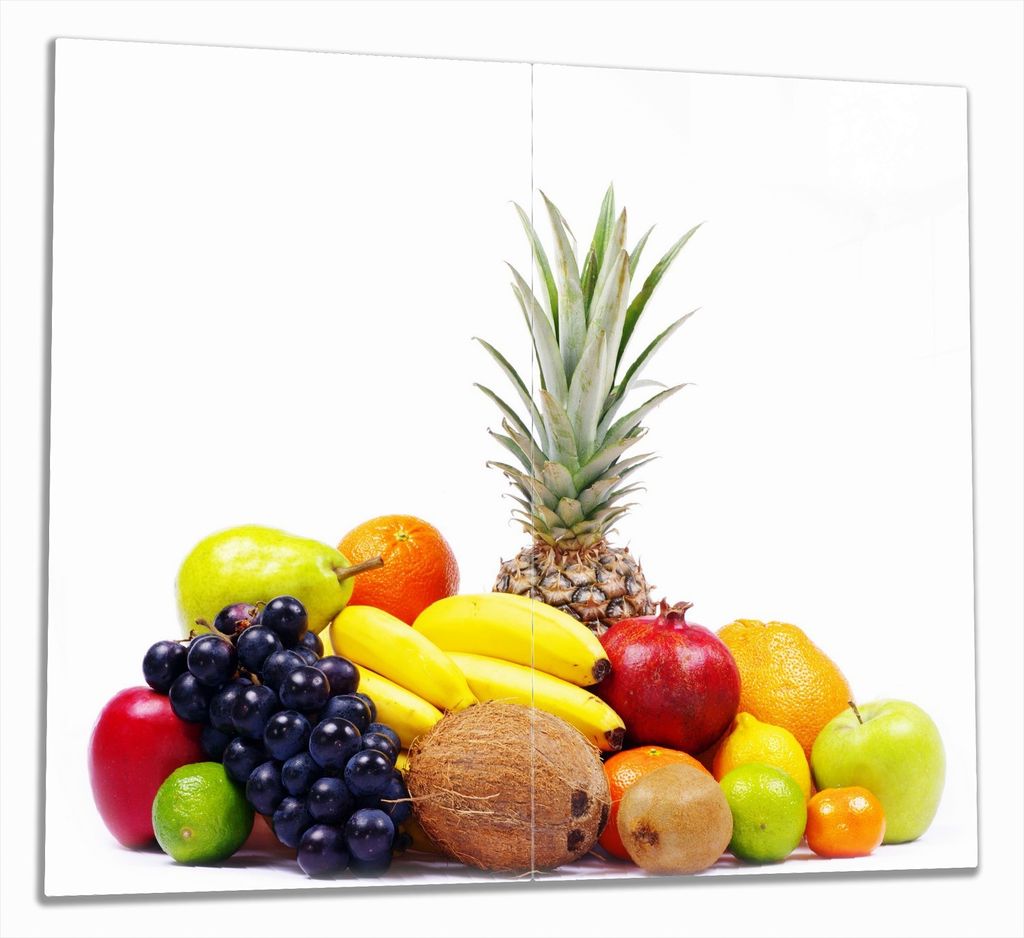Wallario Herdabdeckplatte aus Glas, Größe 60 x 52 cm 2-teilig, Motiv Gemischtes Obst aus aller Welt - Exotische Obstsammlung