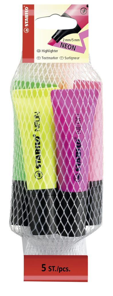 Textmarker - STABILO NEON - 5er Pack - gelb, grün, orange, Produktbild 