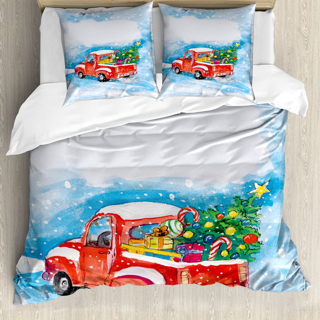 ABAKUHAUS Weihnachten Bettbezug, LKW Winterlandschaft, Milbensicher Allergiker geeignet mit Kissenbezügen, 200 cm x 200 cm - 80 x 80 cm, Blau, Wei...