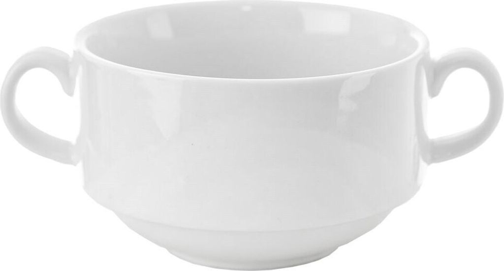 A white soup bowl with two handles is shown against a white background.