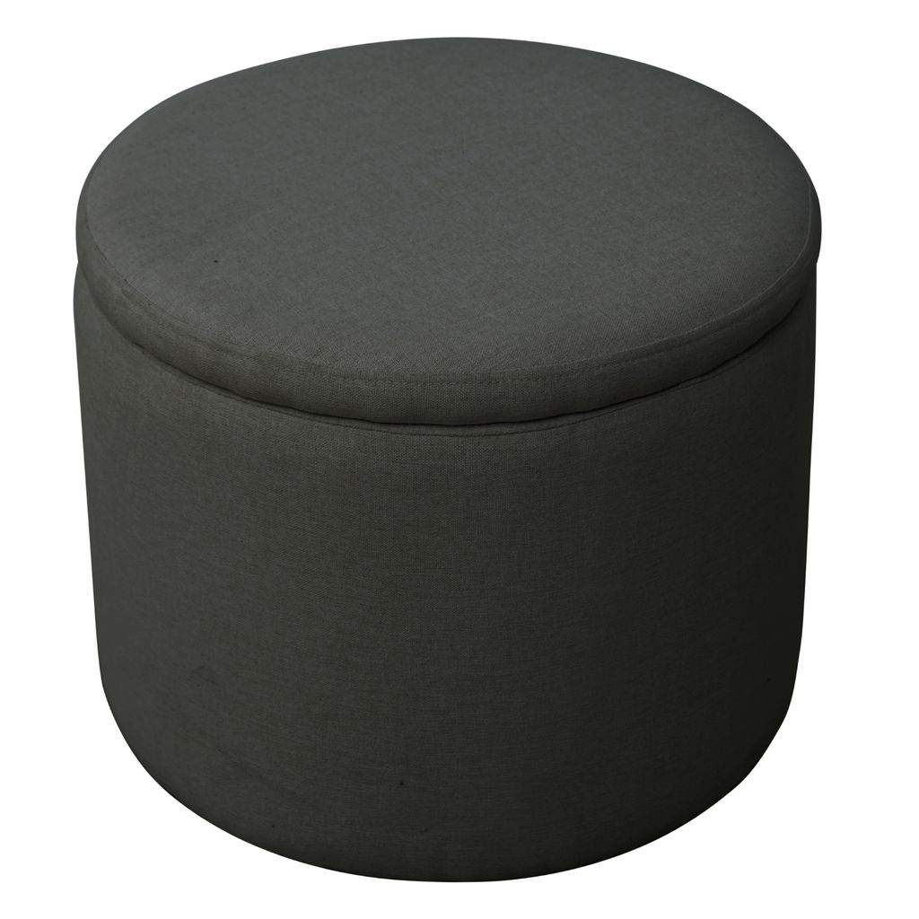 A dark gray round storage ottoman with a lid, shown from a slightly elevated angle against a white background.