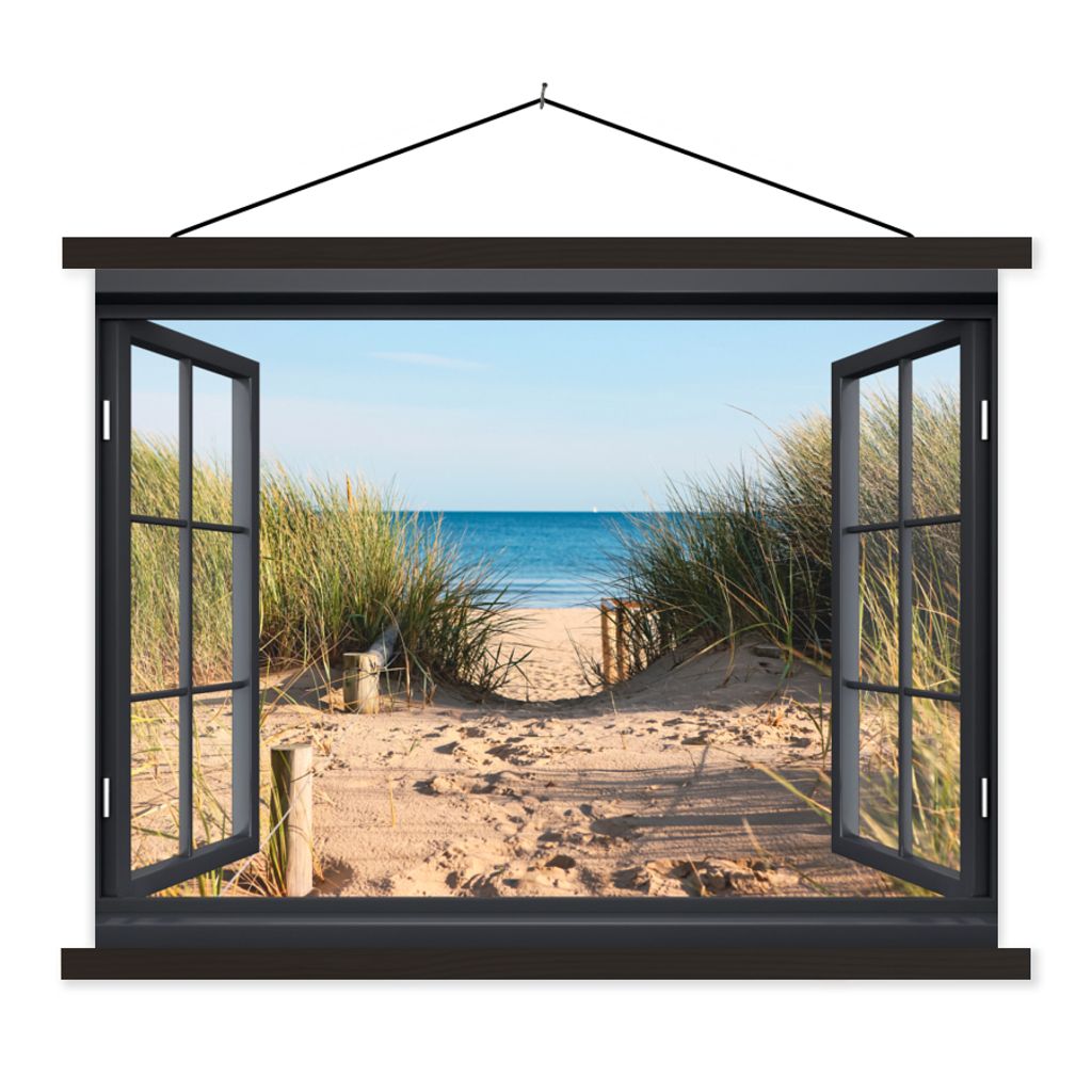MuchoWow Textilposter Durchblick - Strand - Meer - Sand - Wasser - Strandhafer - Dünen 150x113 cm mit schwarzem Rahmen - Wohnzimmer