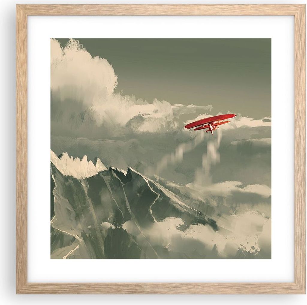 Gerahmtes Poster - Rahmen in heller Eiche - Rot Flugzeug Berge - 40x40 cm - Wand Bild - Wanddeko - Wandbilder - Kunstposter - Wandposter - Bilderra...