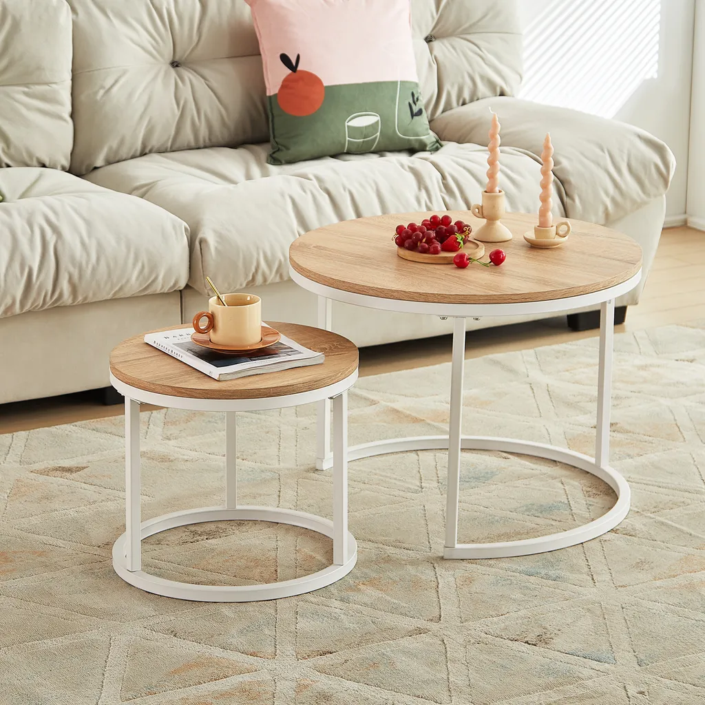 Table basse de salon pour petit espace, lot de 2 tables rondes blanches