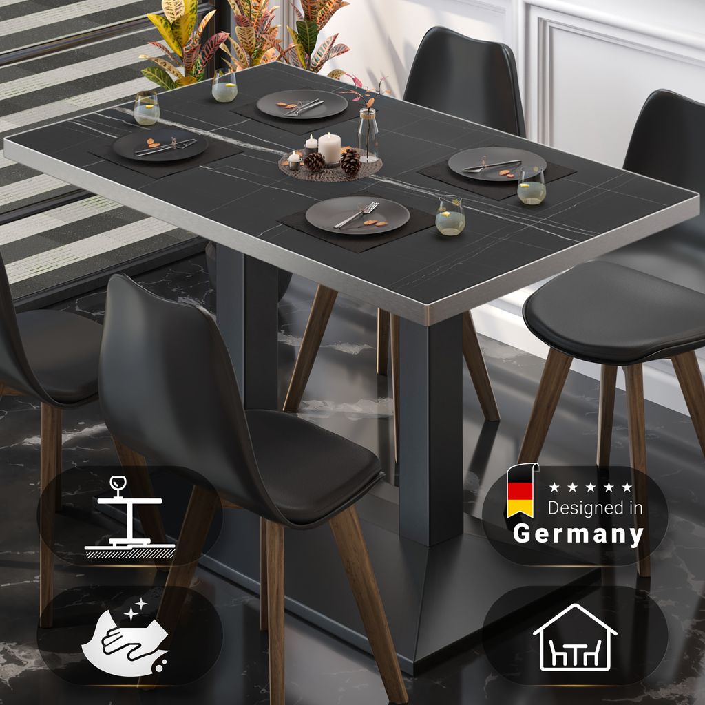 BPA | Bistro Tisch | 110 x 60 x 78,5 cm | Rechteckig | Edelstahl Rand | Schwarz Marmor/ Schwarz | Bistrotisch Gastro Tisch