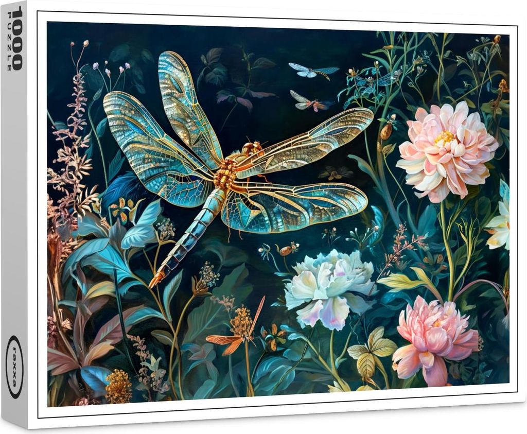 raxxa Premium-Puzzle "Dragonfly at Night in a Garden with Peonies and Grasses Illustration", 1000 Teile