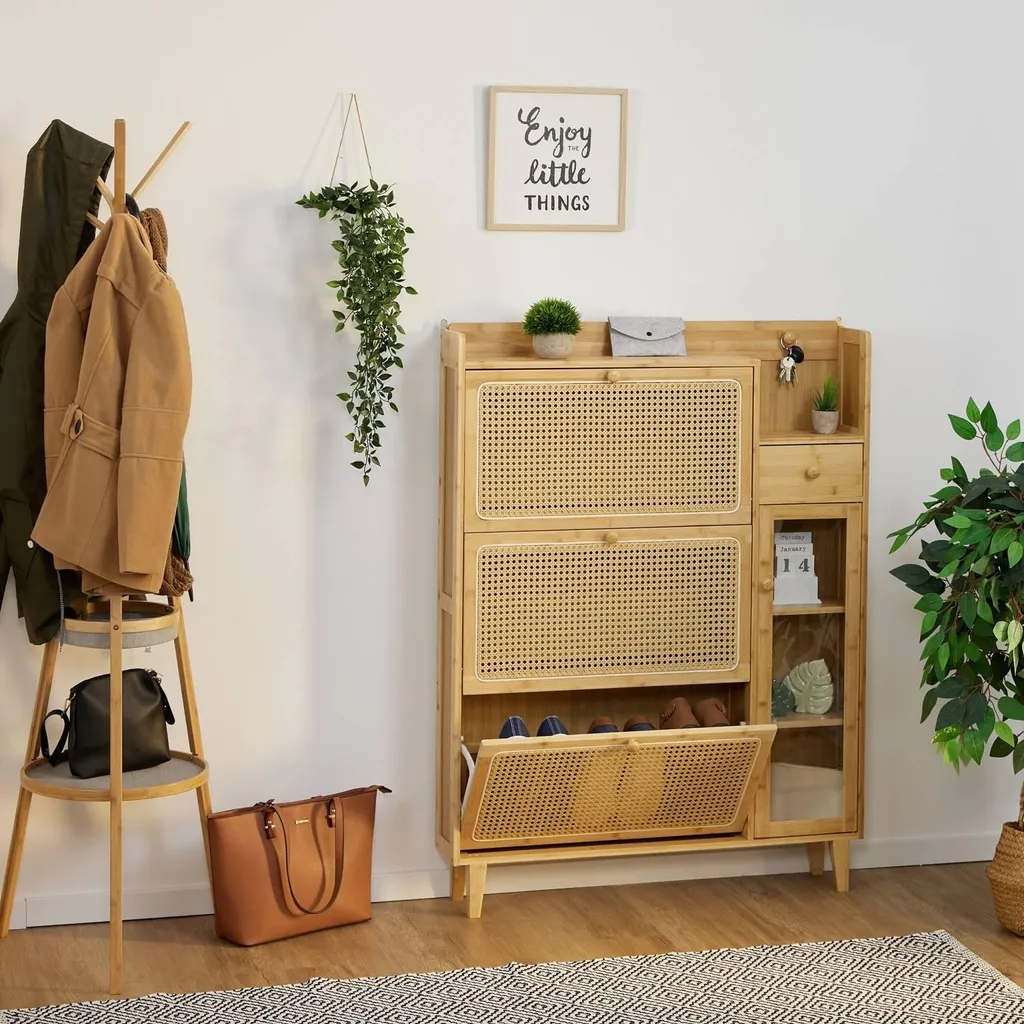 Meuble chaussures en rotin peu encombrant, structure bois 2 compartiments