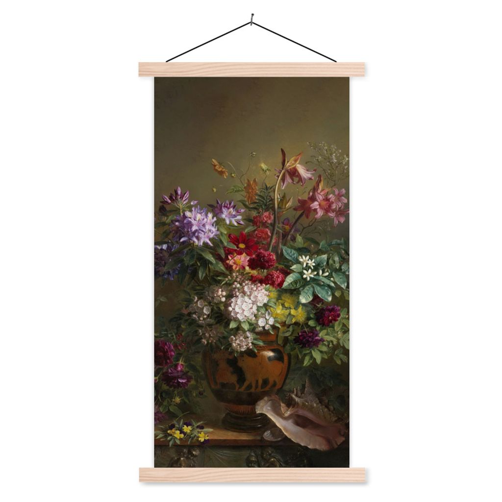 MuchoWow Textilposter Stilleben mit Blumen in einer griechischen Vase - Alte Meister - Kunst 40x80 cm mit holzfarbenen Rahmen - Wohnzimmer