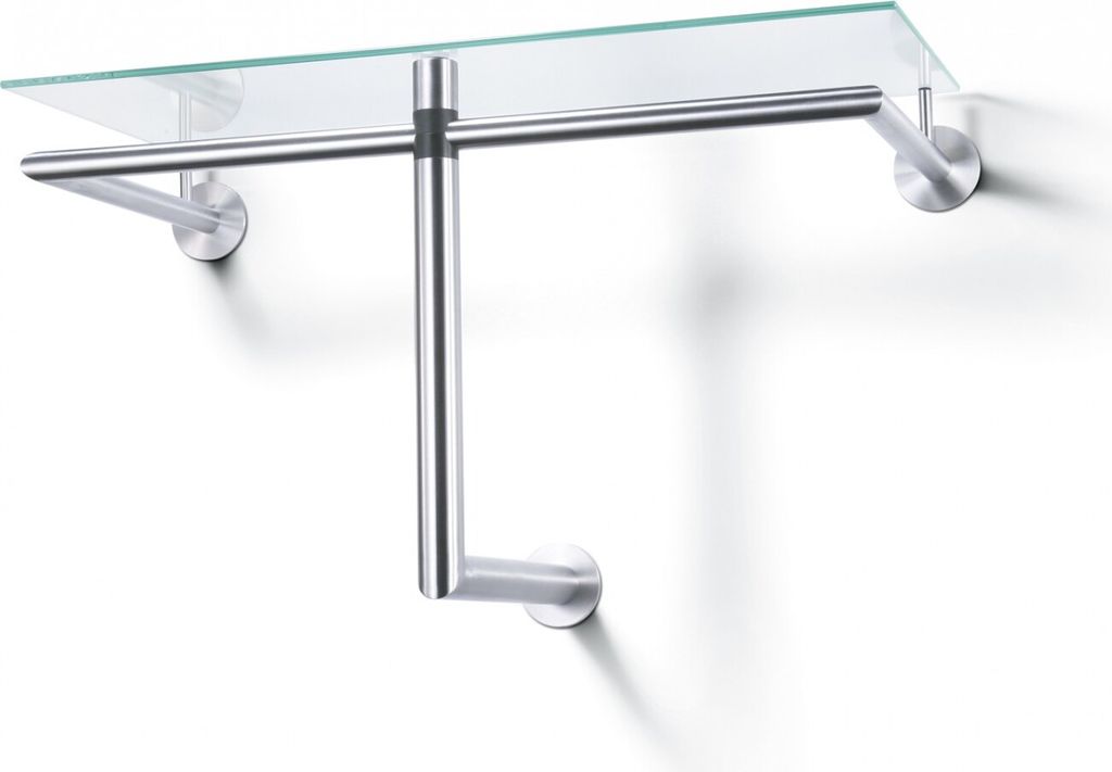 A modern metal and glass shelf with a towel bar attached, mounted on a white wall.