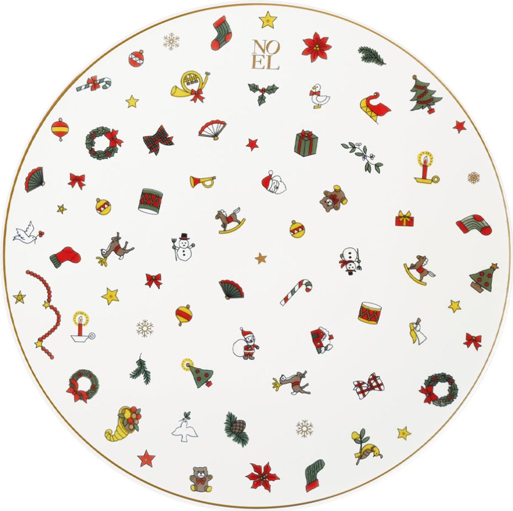 A round plate with a white background decorated with various small Christmas-themed illustrations.