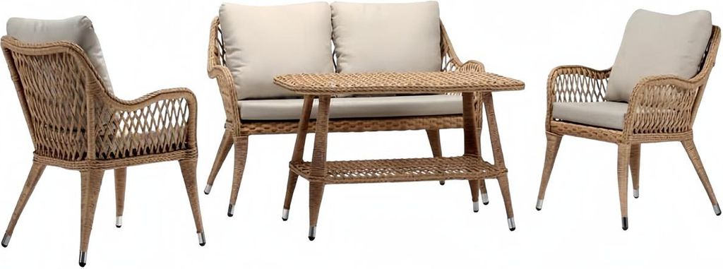Sofagarnitur Sofa 2 Sitzer Rattan Moderner 2x Sessel Couchtisch Braun