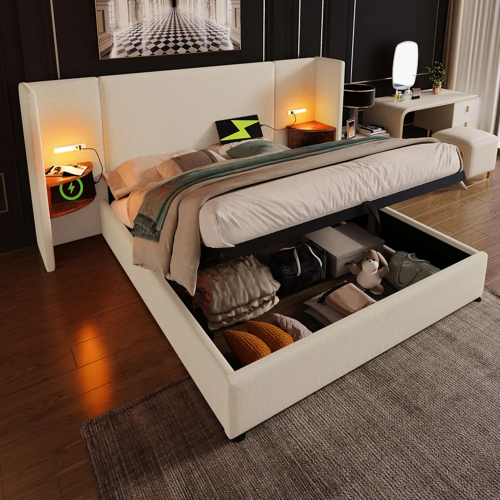 MODFU Lit coffre 180x200 cm - Lit double avec charge USB et Lampe - Beige - 2