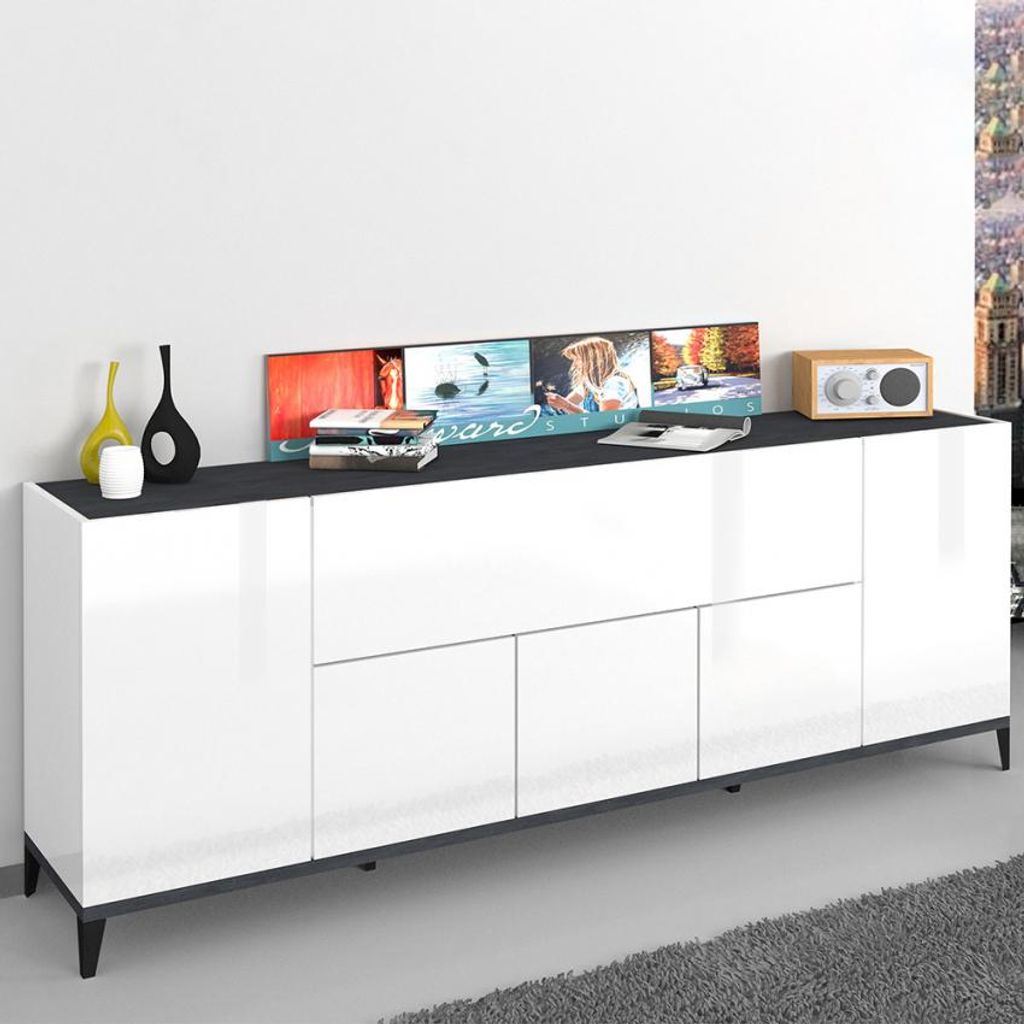 Design-Sideboard Stephanie 200x40cm, 5 Türen, Klappfach, für Flur und Wohnzimmer