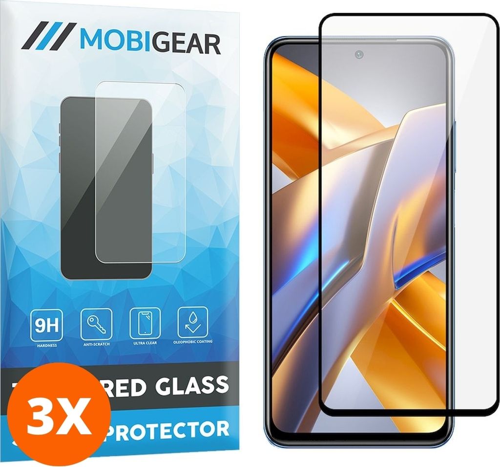 Mobigear Premium 9.98 POCO M5s Panzerglas Gehärtetes Glas Displayschutz - Hüllenfreundlich - Schwarz (3er Pack)