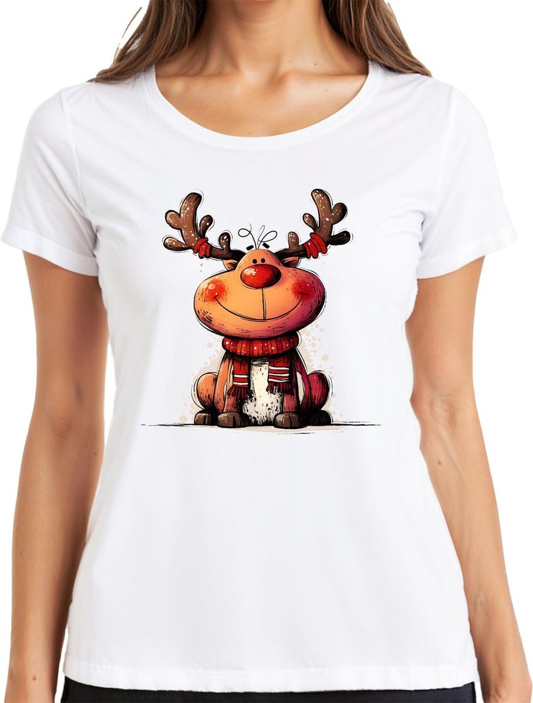 Weihnachten Niedliches Rentier Rudolph Schal Geschenk Kinder Damen T-Shirt, Weiß, L
