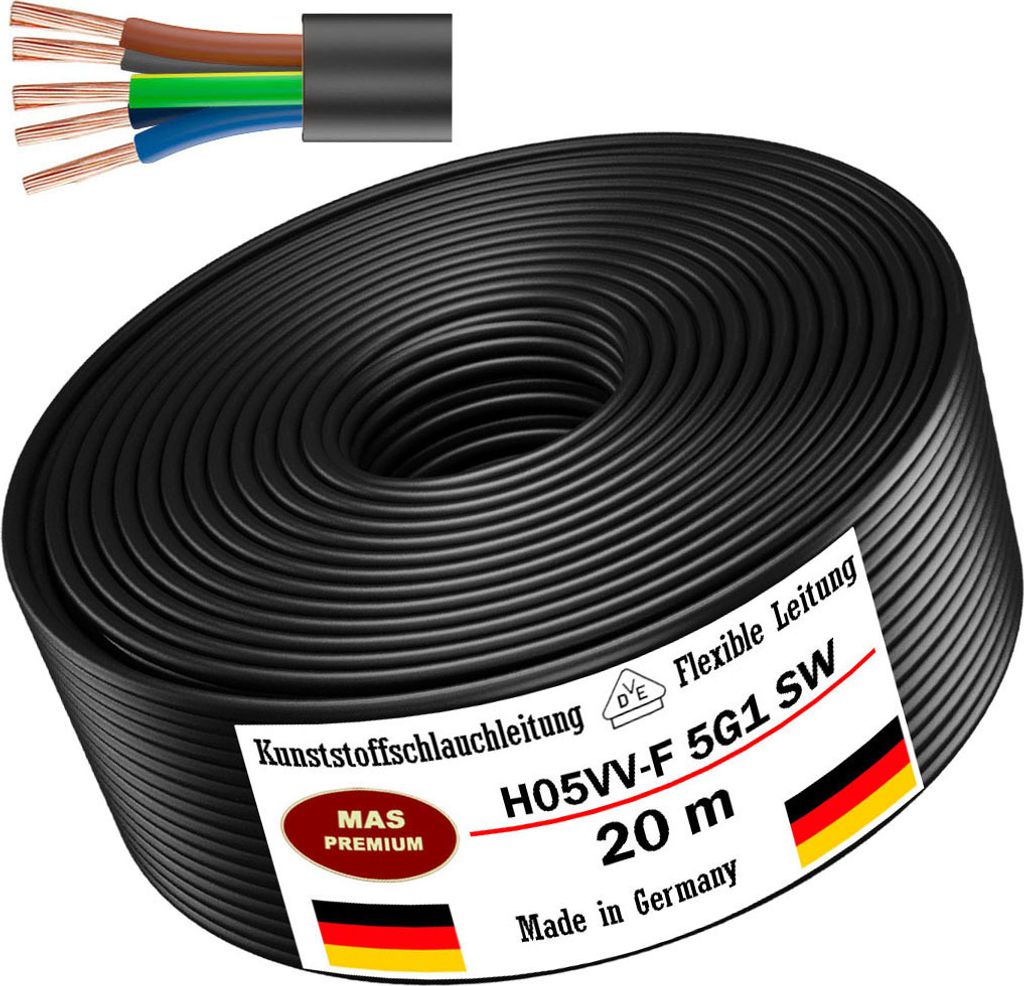 20m Kunststoffschlauchleitung H05VV-F 5G1 Schwarz Flexible Leitung Gerätekabel