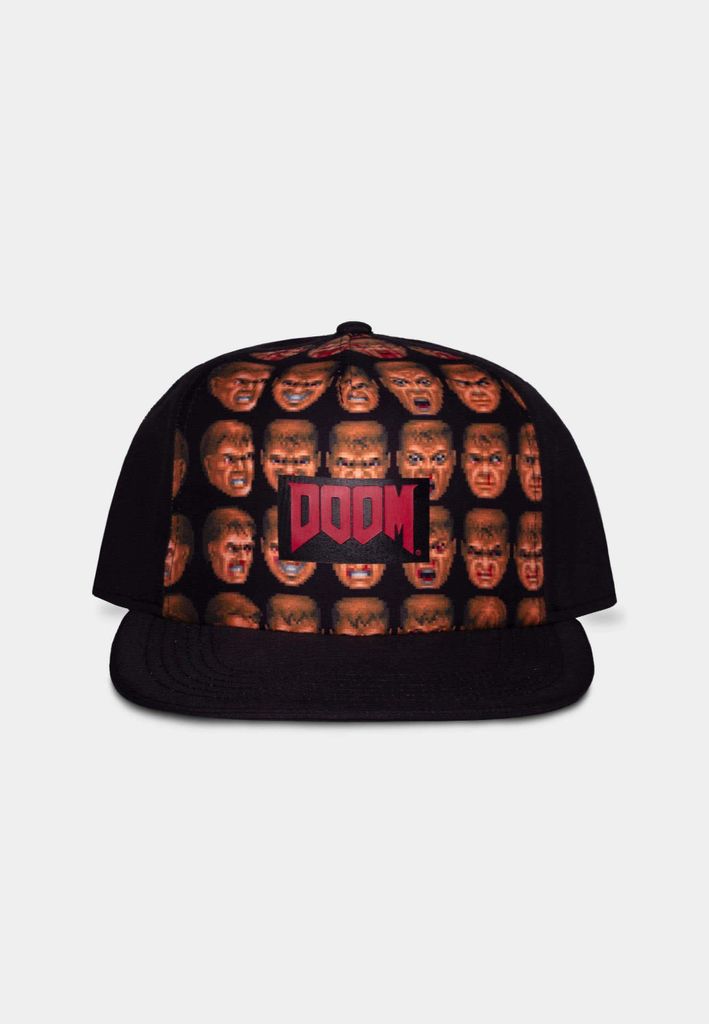 A black baseball cap with a repeating pattern of Doom character faces and a "DOOM" logo patch.