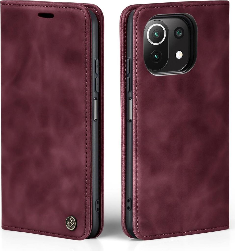 A burgundy flip case for a smartphone is shown from two angles, front and side.