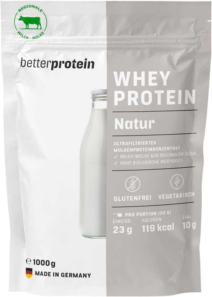 Whey Protein - Neutral 1 kg - Produziert in Deutschland aus regionaler Milch - Eiweißpulver zum Muskelaufbau und Abnehmen - Beutel- betterprotein