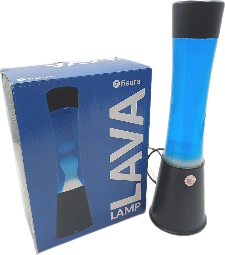 FISURA Weiße blaue Lavalampe. Schwarzer Sockel blaue Produktbild 