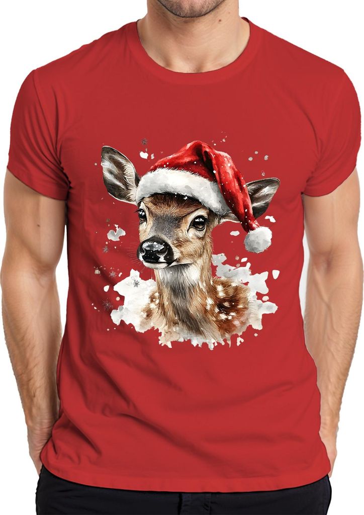 Weihnachten Rehkitz Aquarell Santa niedlich Winter Geschenk Herren T-Shirt, Rot, S