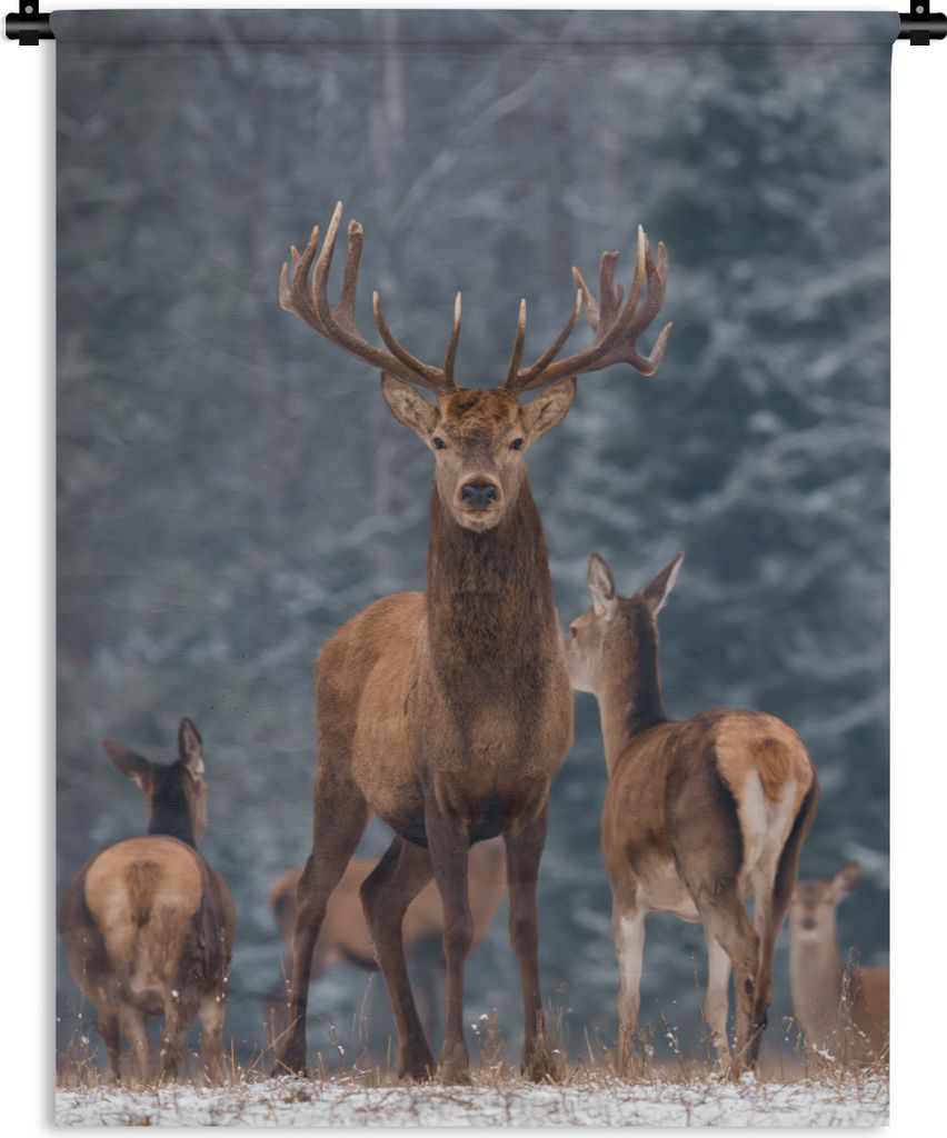 MuchoWow Wandteppich Wandbehang Hirsche - Winter - Schnee - Waldtiere - Wald - Natur 90x120 cm Tapisserie Dekoration Wandtuch - Wanddeko