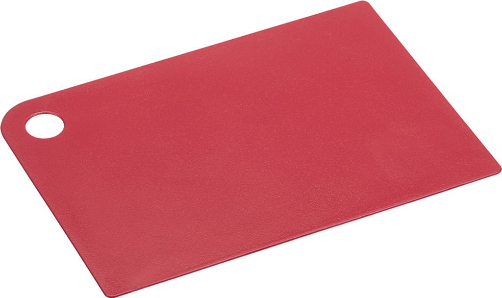 A red plastic cutting board with a hole in the corner, lying flat on a white background.